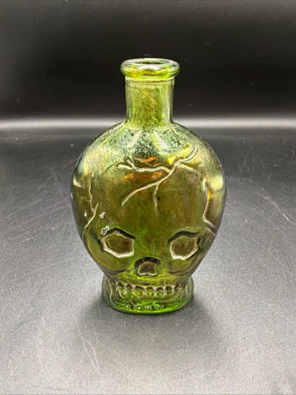 Vintage Wheaton NJ Green Glass Skull Bottle 1970s, 5.25” Tall, Made In USA
